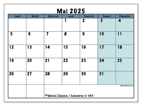 Calendrier à imprimer n° 483 pour mai 2025. Semaine : Lundi à dimanche.