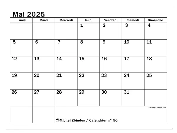 Calendrier à imprimer n° 50 pour mai 2025. Semaine : Lundi à dimanche.