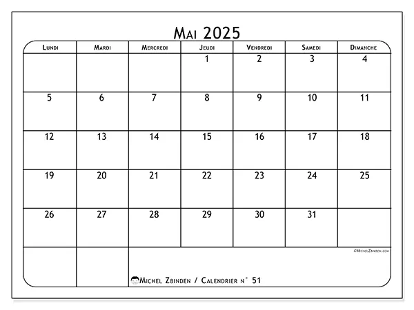 Calendrier à imprimer n° 51 pour mai 2025. Semaine : Lundi à dimanche.