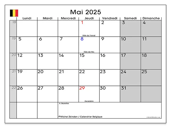 Calendrier à imprimer Belgique pour mai 2025. Semaine : Lundi à dimanche.