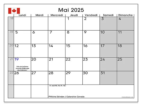 Calendrier à imprimer Canada pour mai 2025. Semaine : Lundi à dimanche.