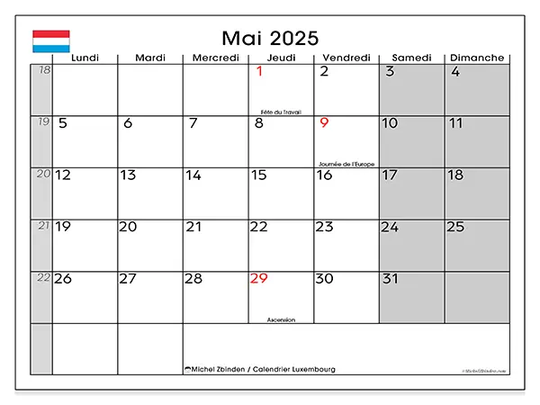Calendrier à imprimer Luxembourg pour mai 2025. Semaine : Lundi à dimanche.