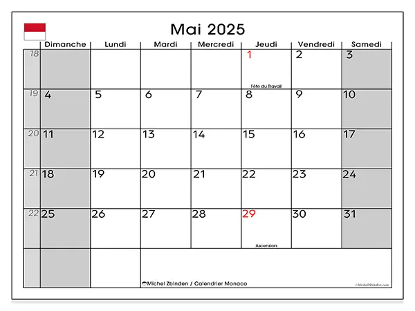 Calendrier Monaco à imprimer gratuit, mai 2025. Semaine :  Dimanche à samedi