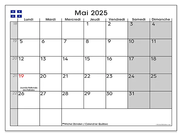 Calendrier à imprimer Québec pour mai 2025. Semaine : Lundi à dimanche.