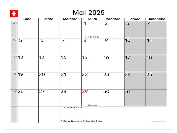 Calendrier à imprimer Suisse pour mai 2025. Semaine : Lundi à dimanche.