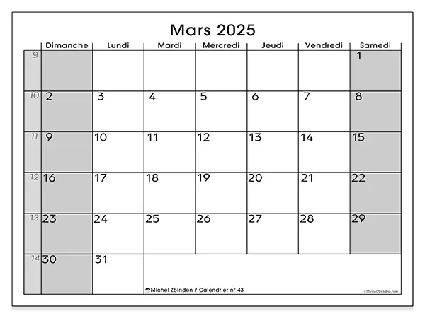 Calendrier n° 43 pour mars 2025 à imprimer gratuit. Semaine : Dimanche à samedi.