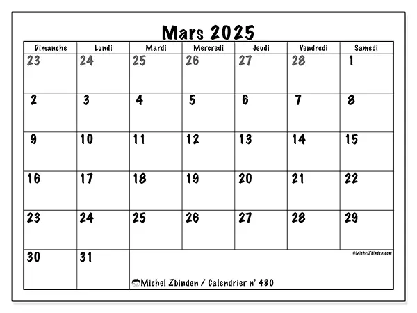 Calendrier n° 480 pour mars 2025 à imprimer gratuit. Semaine : Dimanche à samedi.