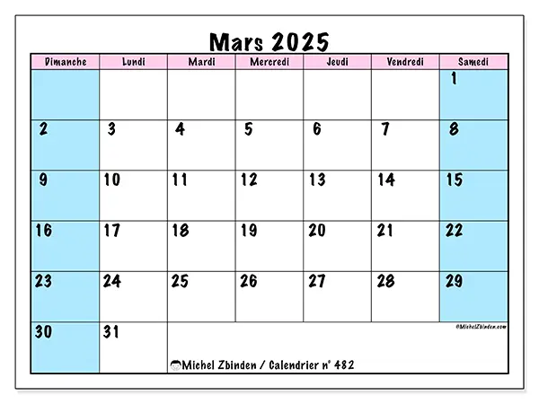 Calendrier n° 482 pour mars 2025 à imprimer gratuit. Semaine : Dimanche à samedi.