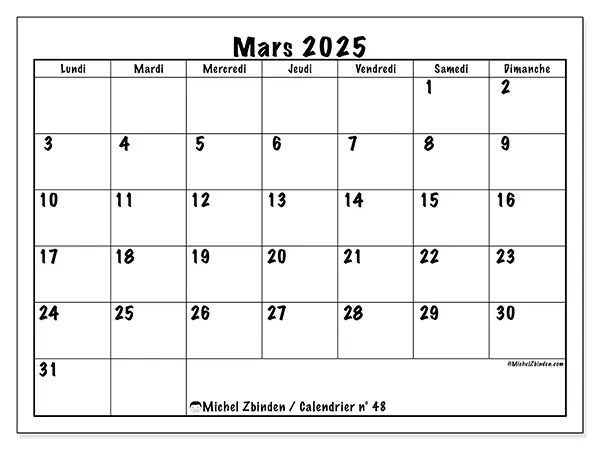 Calendrier n° 48 pour mars 2025 à imprimer gratuit. Semaine : Lundi à dimanche.