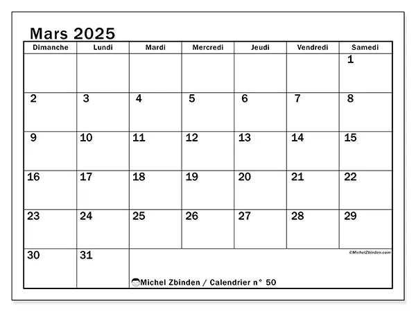 Calendrier n° 50 pour mars 2025 à imprimer gratuit. Semaine : Dimanche à samedi.