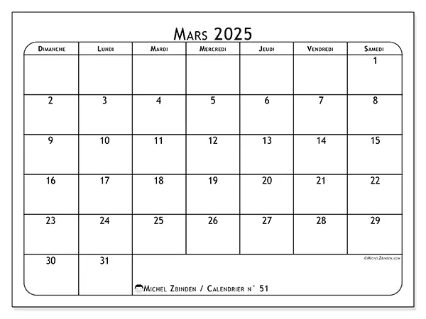Calendrier n° 51 pour mars 2025 à imprimer gratuit. Semaine : Dimanche à samedi.
