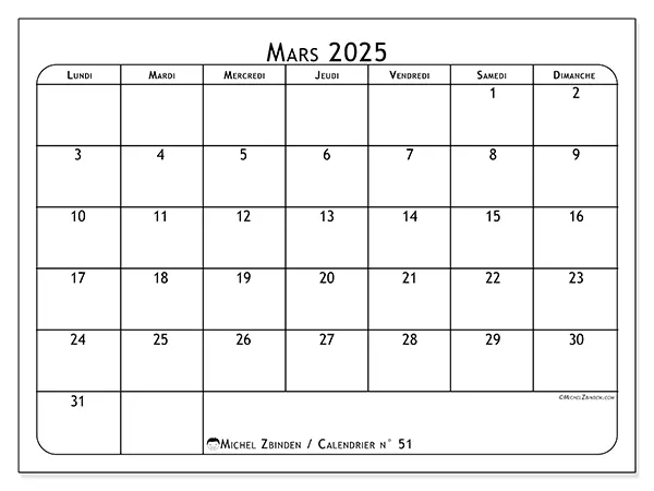 Calendrier n° 51 pour mars 2025 à imprimer gratuit. Semaine : Lundi à dimanche.