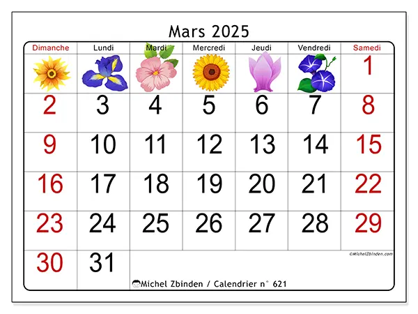 Calendrier n° 621 pour mars 2025 à imprimer gratuit. Semaine : Dimanche à samedi.