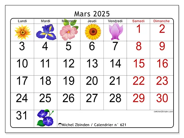 Calendrier n° 621 pour mars 2025 à imprimer gratuit. Semaine : Lundi à dimanche.