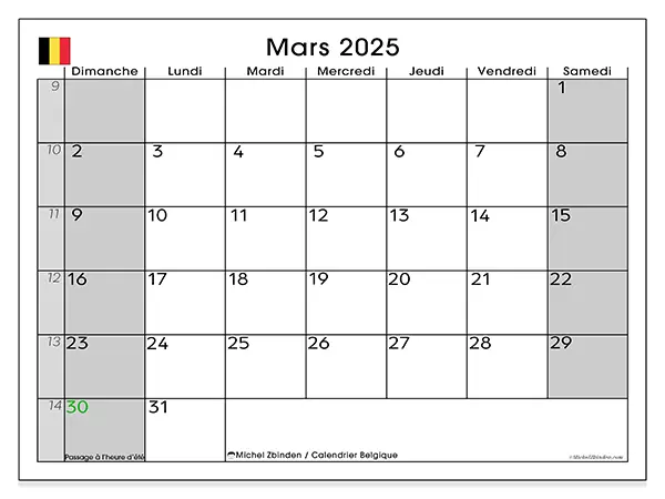 Calendrier Belgique pour mars 2025 à imprimer gratuit. Semaine : Dimanche à samedi.