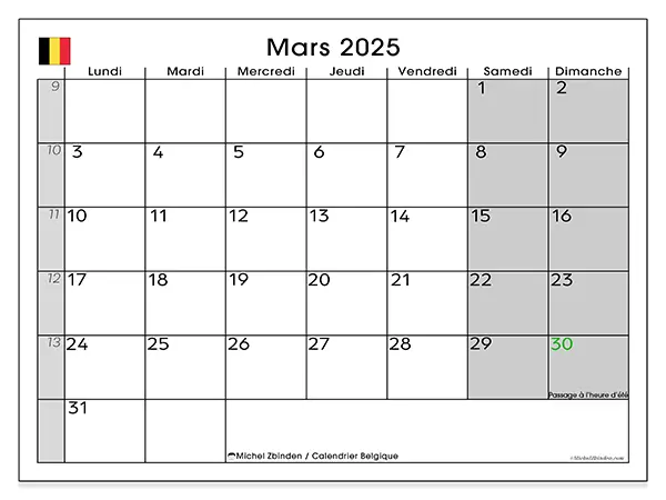 Calendrier Belgique pour mars 2025 à imprimer gratuit. Semaine : Lundi à dimanche.