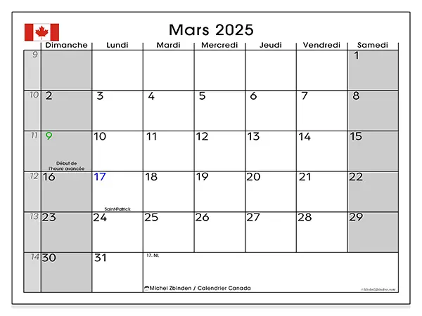Calendrier Canada pour mars 2025 à imprimer gratuit. Semaine : Dimanche à samedi.
