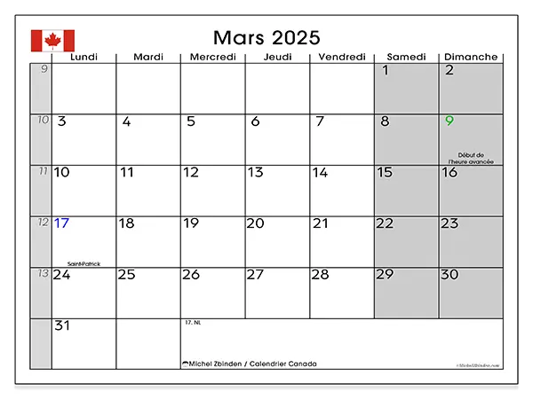 Calendrier Canada pour mars 2025 à imprimer gratuit. Semaine : Lundi à dimanche.