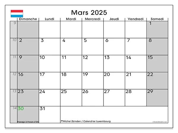 Calendrier Luxembourg pour mars 2025 à imprimer gratuit. Semaine : Dimanche à samedi.
