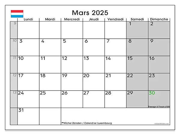 Calendrier Luxembourg pour mars 2025 à imprimer gratuit. Semaine : Lundi à dimanche.