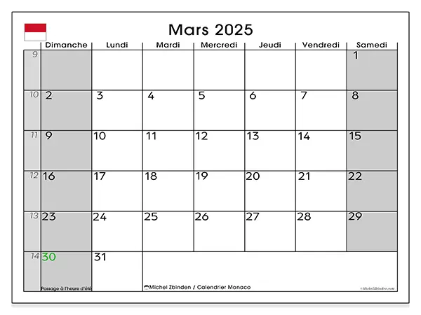Calendrier Monaco pour mars 2025 à imprimer gratuit. Semaine : Dimanche à samedi.