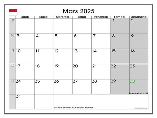 Calendrier Monaco pour mars 2025 à imprimer gratuit. Semaine : Lundi à dimanche.