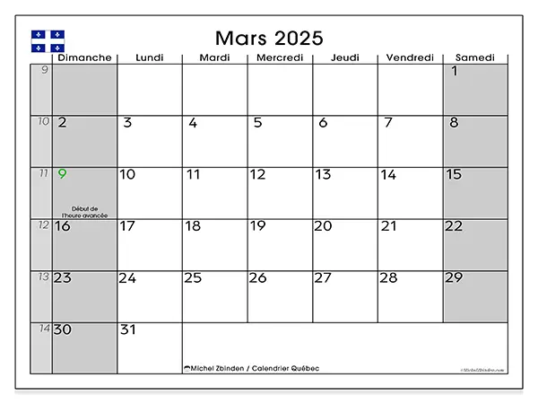 Calendrier Québec pour mars 2025 à imprimer gratuit. Semaine : Dimanche à samedi.