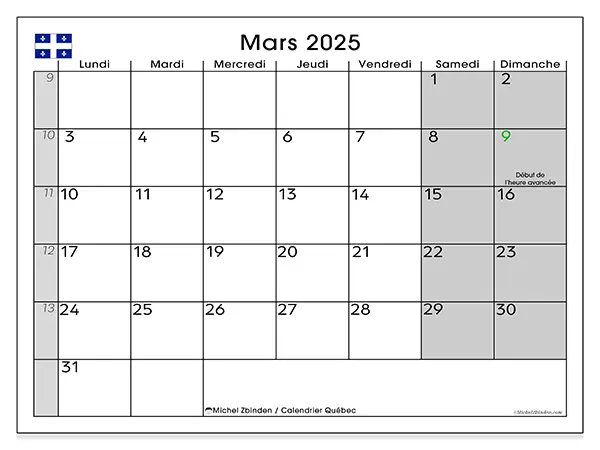 Calendrier Québec pour mars 2025 à imprimer gratuit. Semaine : Lundi à dimanche.