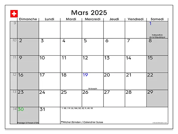 Calendrier Suisse pour mars 2025 à imprimer gratuit. Semaine : Dimanche à samedi.