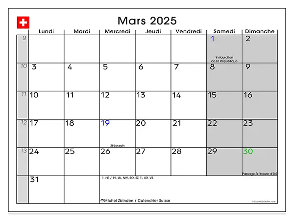 Calendrier Suisse pour mars 2025 à imprimer gratuit. Semaine : Lundi à dimanche.