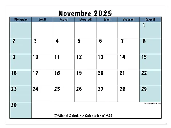 Calendrier n° 483 à imprimer gratuit, novembre 2025. Semaine :  Dimanche à samedi