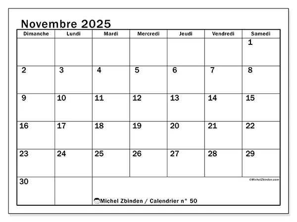 Calendrier n° 50 à imprimer gratuit, novembre 2025. Semaine :  Dimanche à samedi
