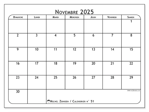 Calendrier n° 51 à imprimer gratuit, novembre 2025. Semaine :  Dimanche à samedi