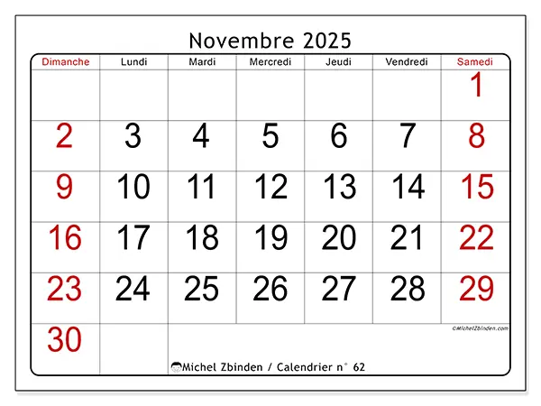Calendrier n° 62 à imprimer gratuit, novembre 2025. Semaine :  Dimanche à samedi