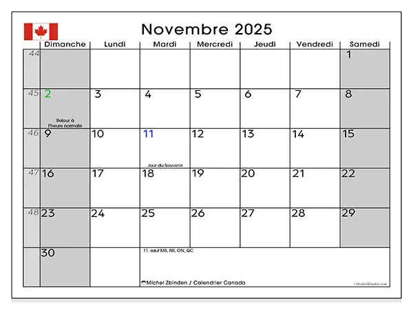 Calendrier Canada à imprimer gratuit, novembre 2025. Semaine :  Dimanche à samedi
