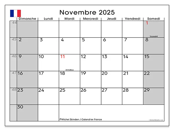 Calendrier France à imprimer gratuit, novembre 2025. Semaine :  Dimanche à samedi