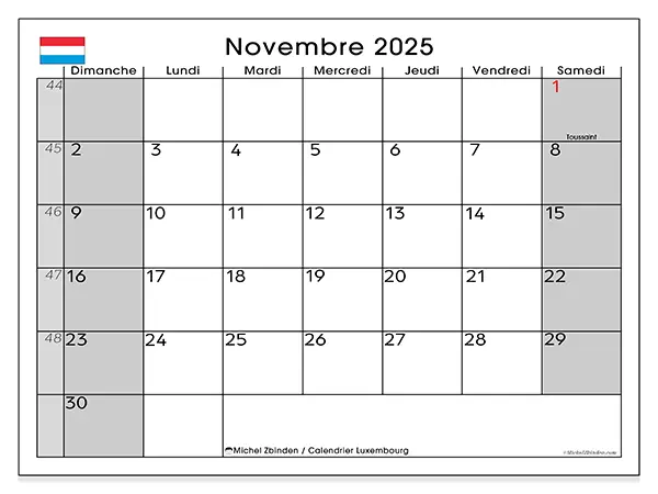 Calendrier Luxembourg à imprimer gratuit, novembre 2025. Semaine :  Dimanche à samedi