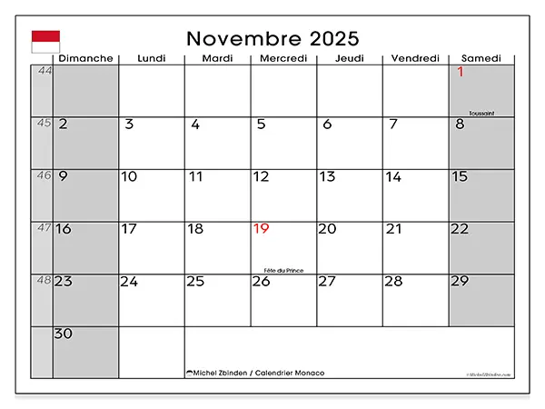 Calendrier Monaco à imprimer gratuit, novembre 2025. Semaine :  Dimanche à samedi