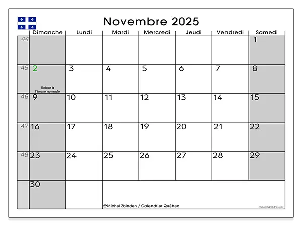 Calendrier Québec à imprimer gratuit, novembre 2025. Semaine :  Dimanche à samedi