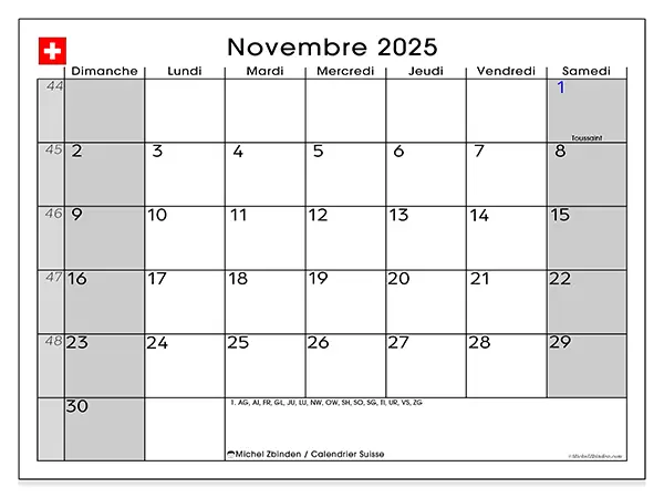 Calendrier Suisse à imprimer gratuit, novembre 2025. Semaine :  Dimanche à samedi