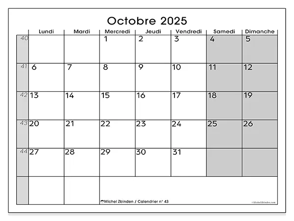 Calendrier n° 43 à imprimer gratuit, octobre 2025. Semaine :  Lundi à dimanche