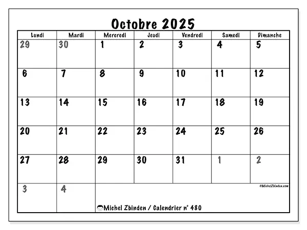 Calendrier n° 480 à imprimer gratuit, octobre 2025. Semaine :  Lundi à dimanche