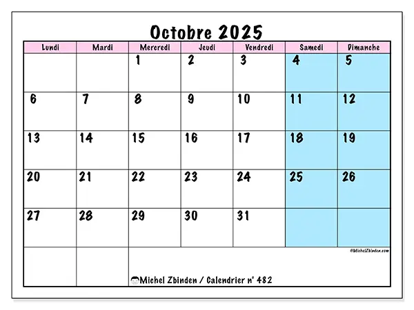 Calendrier n° 482 à imprimer gratuit, octobre 2025. Semaine :  Lundi à dimanche