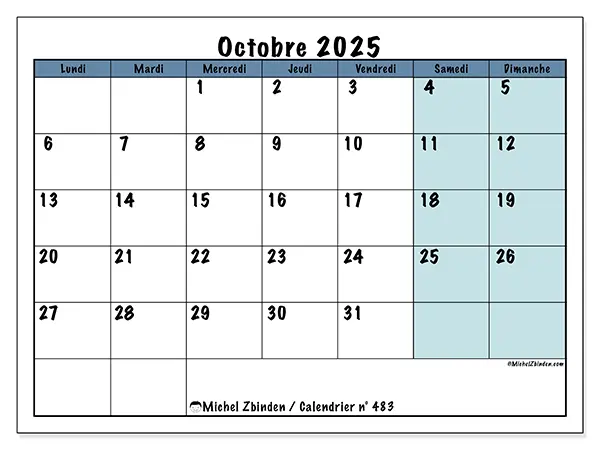 Calendrier n° 483 à imprimer gratuit, octobre 2025. Semaine :  Lundi à dimanche