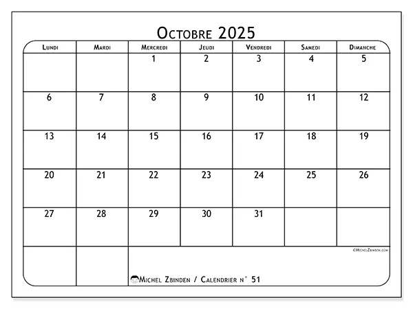 Calendrier n° 51 à imprimer gratuit, octobre 2025. Semaine :  Lundi à dimanche