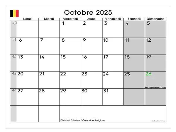 Calendrier Belgique à imprimer gratuit, octobre 2025. Semaine :  Lundi à dimanche