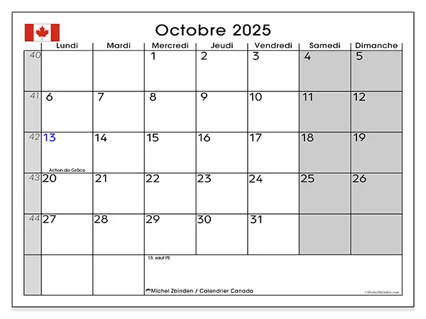 Calendrier Canada à imprimer gratuit, octobre 2025. Semaine :  Lundi à dimanche