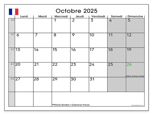 Calendrier France à imprimer gratuit, octobre 2025. Semaine :  Lundi à dimanche