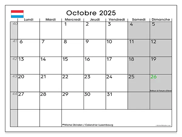 Calendrier Luxembourg à imprimer gratuit, octobre 2025. Semaine :  Lundi à dimanche