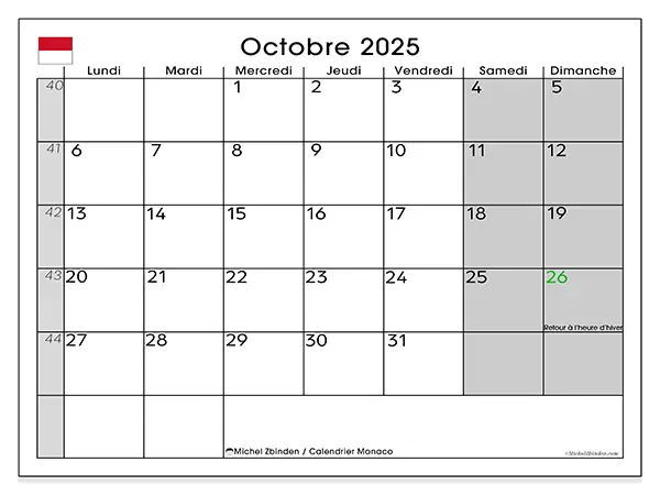 Calendrier Monaco à imprimer gratuit, octobre 2025. Semaine :  Lundi à dimanche